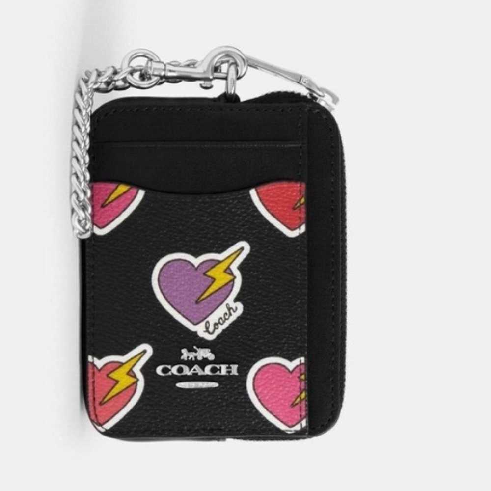 Coach Black Zip Card Case Wallet with Heart and Lightning Bolt